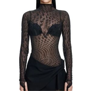 NWT HM X Mugler Rhinestone-embellished Mesh Mock Turtleneck Top, H&M sz Medium